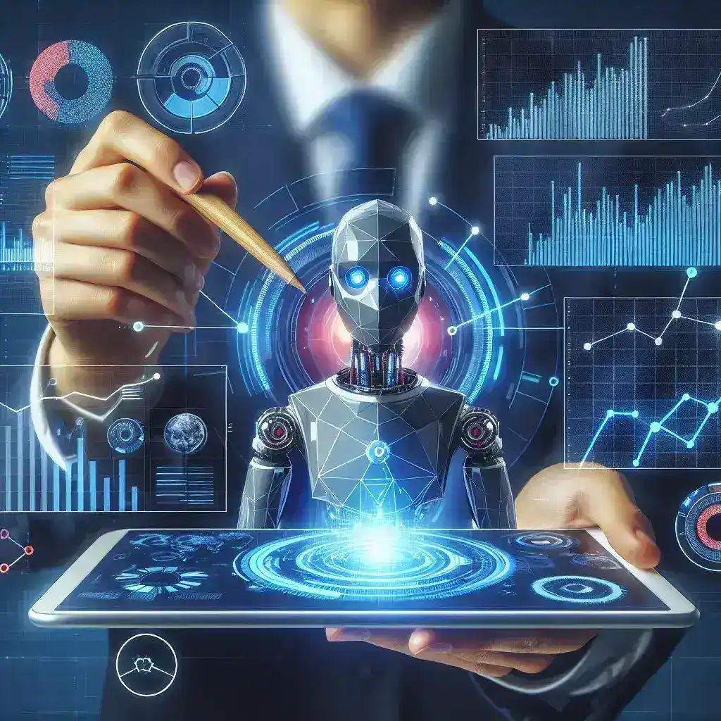 "Ilustração de Inteligência Artificial no Marketing Digital Moderno, destacando estratégias inovadoras e resultados impactantes com gráficos de desempenho e tecnologia avançada."